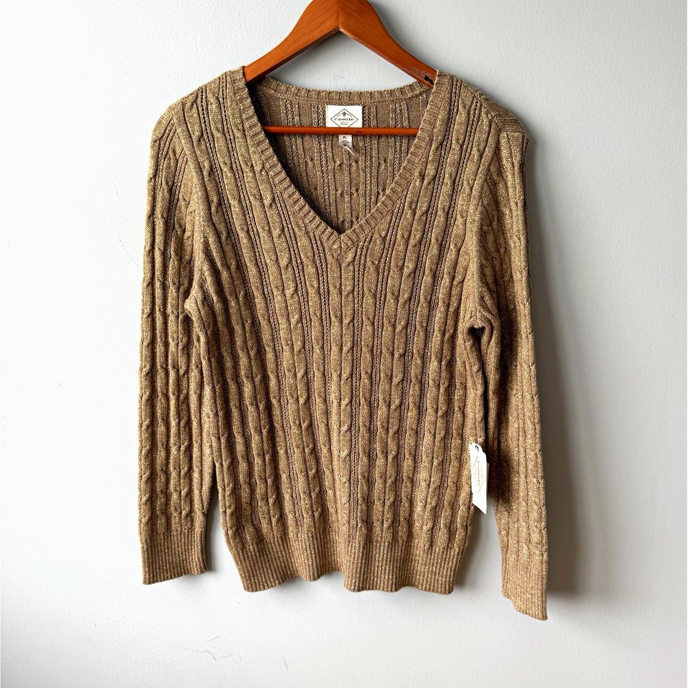 NWT St. John's Bay Sweater Womens PL Petite Large Brown Cable Knit V-Neck